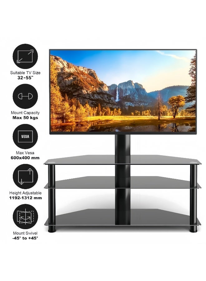 FlashHawk Floor TV Table with Mount for 32-55 inch Screen TVs, 3 Tier Storage Tempered Glass Shelves, Height Adjustable TV Stand for Home, Living Room, Bedroom - Image 2