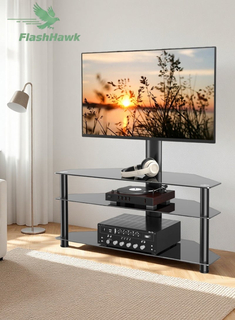 FlashHawk Floor TV Table with Mount for 32-55 inch Screen TVs, 3 Tier Storage Tempered Glass Shelves, Height Adjustable TV Stand for Home, Living Room, Bedroom - Image 1