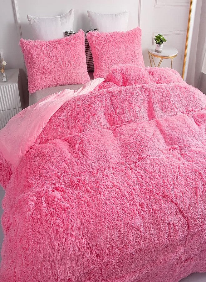 chovy طقم لحاف وردي فاخر من الفرو الصناعي من تشوفي، مقاس كامل/كوين - طقم مفروشات من الفلانيل المخملي فائق النعومة مكون من 3 قطع (لحاف × 1، غطاءا وسادة × 2) - Image 2