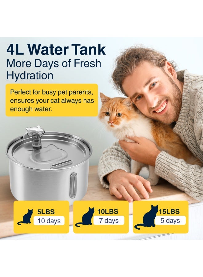 Nexso 4L Stainless Steel Silver Cat Water Fountain – Ultra-Quiet <30dB Pump, 3 Flow Modes, BPA-Free Pet Water Fountain, Oxygenated Circulation, Easy-Clean Design Water Dispenser for Cats & Dogs - Image 3