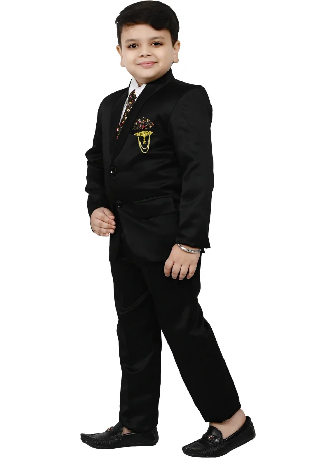 BT DEZINES Black Satin 4-Piece Suit Set for Boys