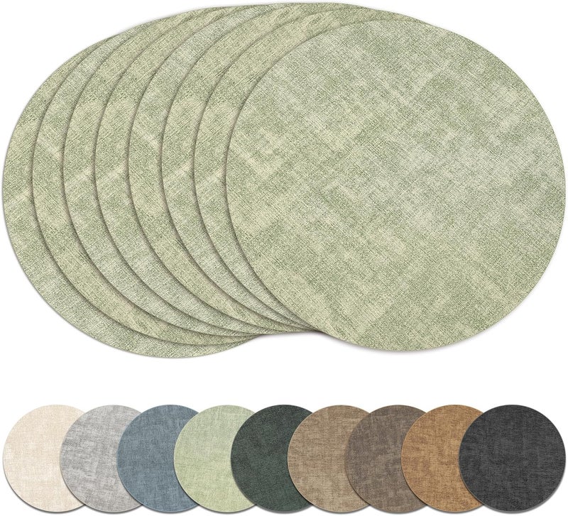 NCUE 13" Round Placemats Set of 8, Reversible Faux Leather Heat Resistant Table Mats, Waterproof Oilproof Wipeable Table Protective Placemats for Vinyl, Washable for Indoor & Outdoor Use (8, Light Green) - Image 1