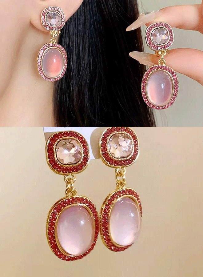 "Elegant Gold-Plated Double Oval Dangle Earrings | Square Top with Pink Rhinestones & Oval Drop with Pink Crystal Center" - Image 1