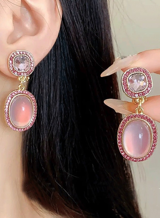 "Elegant Gold-Plated Double Oval Dangle Earrings | Square Top with Pink Rhinestones & Oval Drop with Pink Crystal Center" - Image 2