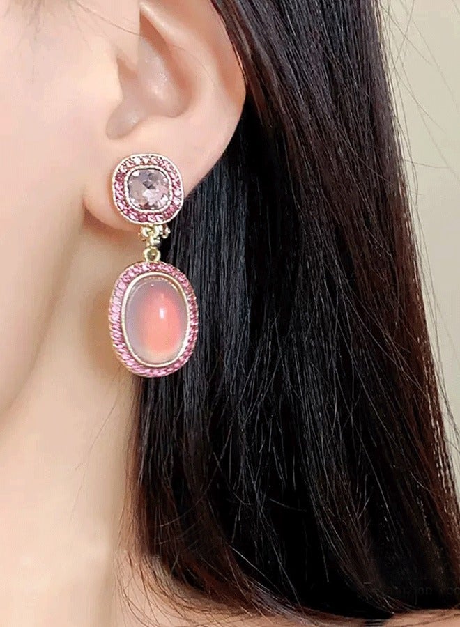 "Elegant Gold-Plated Double Oval Dangle Earrings | Square Top with Pink Rhinestones & Oval Drop with Pink Crystal Center" - Image 3