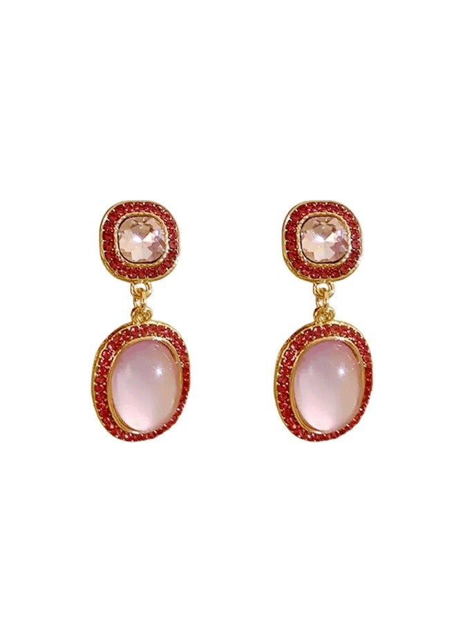 "Elegant Gold-Plated Double Oval Dangle Earrings | Square Top with Pink Rhinestones & Oval Drop with Pink Crystal Center" - Image 4