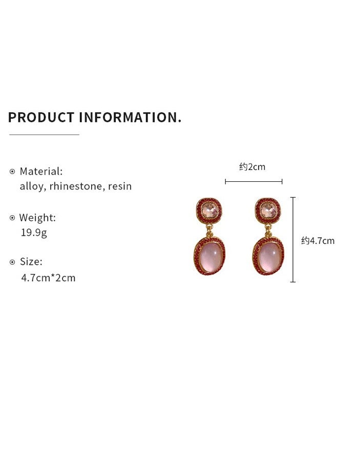 "Elegant Gold-Plated Double Oval Dangle Earrings | Square Top with Pink Rhinestones & Oval Drop with Pink Crystal Center" - Image 5