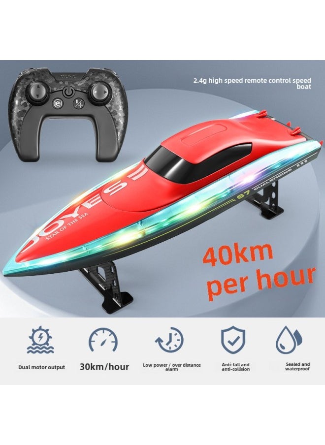 4DRC Remote Control Boat S7 Toy 2.4G High Speed Speedboat Boat Model Electric Yacht Boys Children's Day Gift Kids-Color:S7-night Light Version-red- 32cm-Specifications:Dual Battery Package - A Spare Battery  - Image 1
