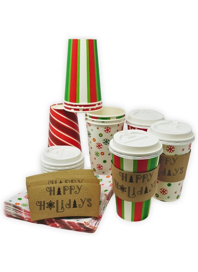 4E's Novelty 4E's Novelty Christmas Paper Cups Disposable 16 oz with Lids - 12 Pack Holiday Coffee Cups, Sleeves & Napkins for Hot Cocoa Bar, Christmas Cups with Lids for Party Supplies, Hot Cocoa Cups with Lids  - Image 2