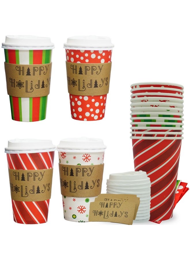 4E's Novelty 4E's Novelty Christmas Paper Cups Disposable 16 oz with Lids - 12 Pack Holiday Coffee Cups, Sleeves & Napkins for Hot Cocoa Bar, Christmas Cups with Lids for Party Supplies, Hot Cocoa Cups with Lids  - Image 1