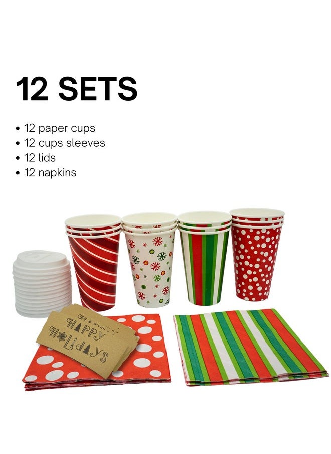4E's Novelty 4E's Novelty Christmas Paper Cups Disposable 16 oz with Lids - 12 Pack Holiday Coffee Cups, Sleeves & Napkins for Hot Cocoa Bar, Christmas Cups with Lids for Party Supplies, Hot Cocoa Cups with Lids  - Image 3