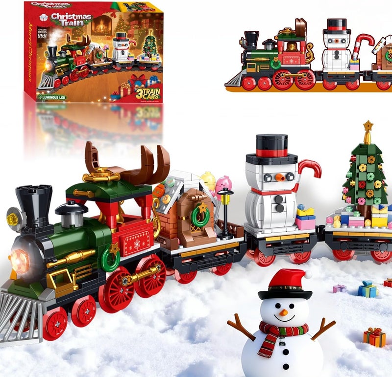Mayatra's Christmas Train Building Blocks Set with LED Lights, 868 Pieces, 3 Cars Holiday Train Set with Snowman and Tree, 40cm Length, Ages 6+ - Image 1