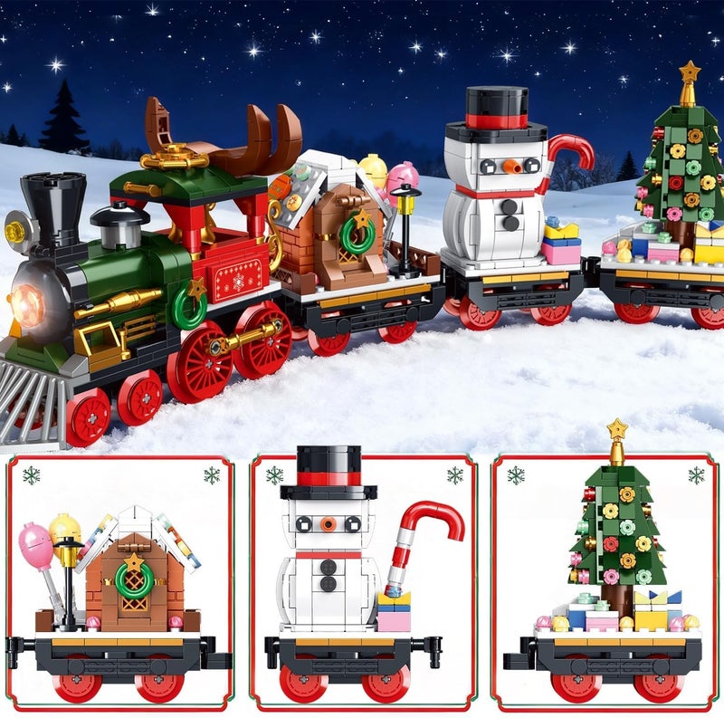 Mayatra's Christmas Train Building Blocks Set with LED Lights, 868 Pieces, 3 Cars Holiday Train Set with Snowman and Tree, 40cm Length, Ages 6+ - Image 3