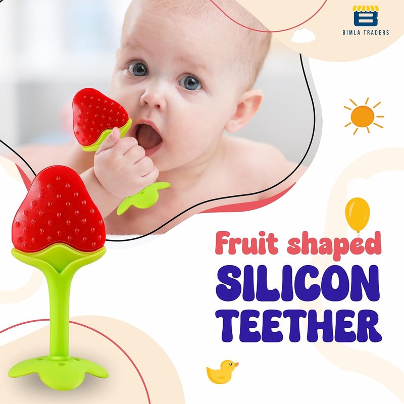 BTfash Baby Tree and Fruits Shape Teether Teething | Natural Organic Freezer Safe for Newborn Infant, Babies | Silicone BPA Free | Gum Pain Relief 3D Soother Set (Pack of 1, Strawberry) - Image 2