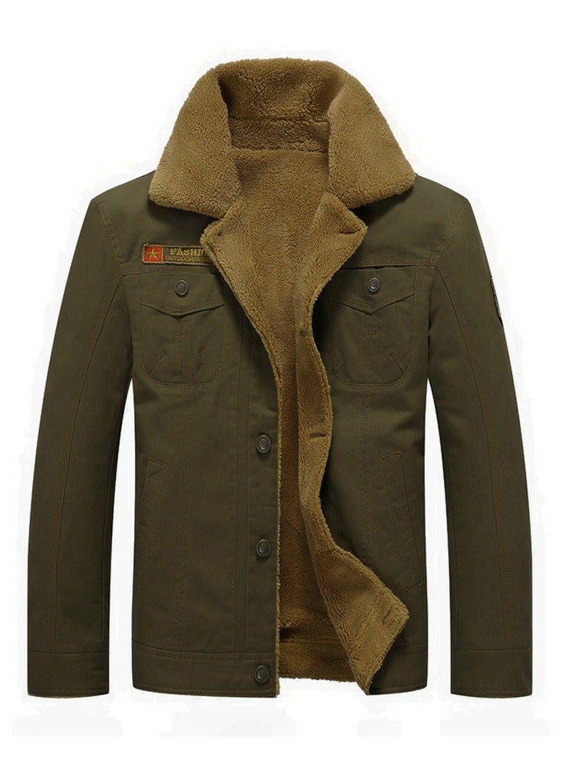 Loquat Men's Thick Plush Lapel Single Breasted Slim Fit Outdoor Jacket Long Sleeve Casual Coat Army Green  - Image 1