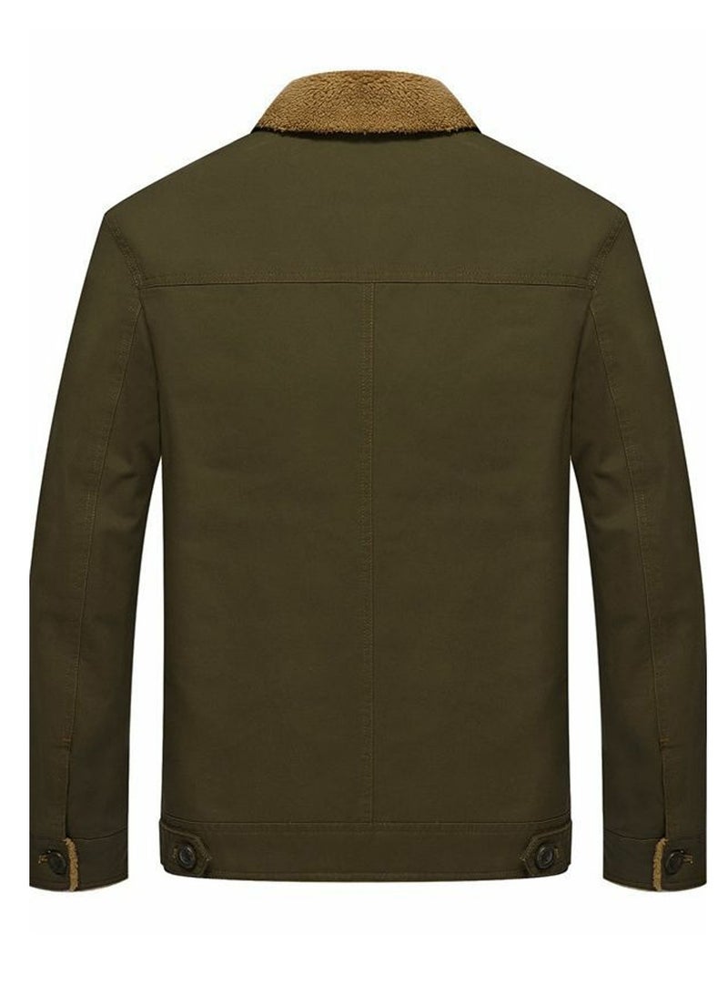 Loquat Men's Thick Plush Lapel Single Breasted Slim Fit Outdoor Jacket Long Sleeve Casual Coat Army Green  - Image 2