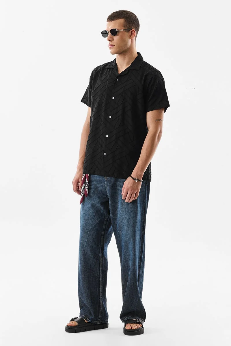 SNITCH Black Textured Half Sleeve Boxy Luxe Shirt