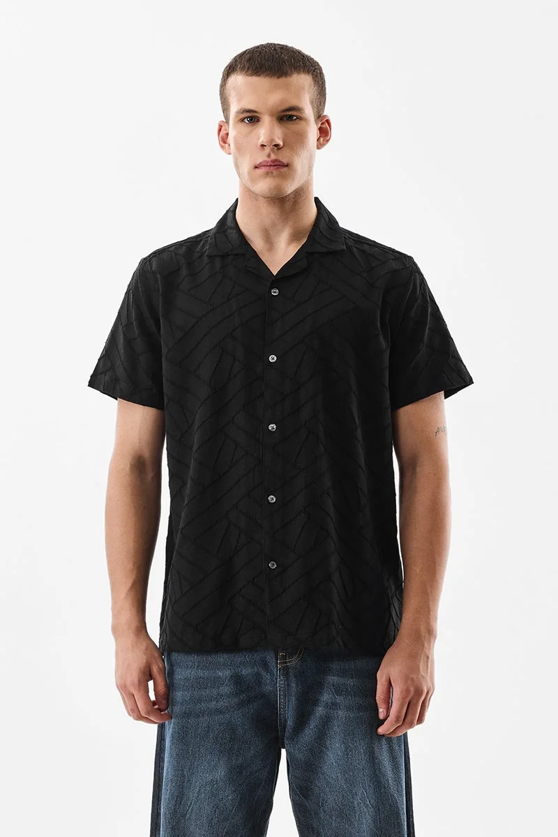 SNITCH Black Textured Half Sleeve Boxy Luxe Shirt