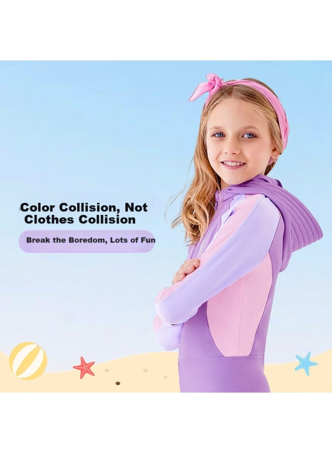 Balneaire Children's One-piece Swimsuit For Girls, Long-sleeve Sun Protection Surfing Breathable Chlorine-resistant Detachable Hood - Image 3