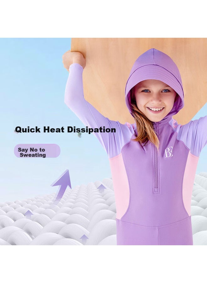 Balneaire Children's One-piece Swimsuit For Girls, Long-sleeve Sun Protection Surfing Breathable Chlorine-resistant Detachable Hood - Image 2