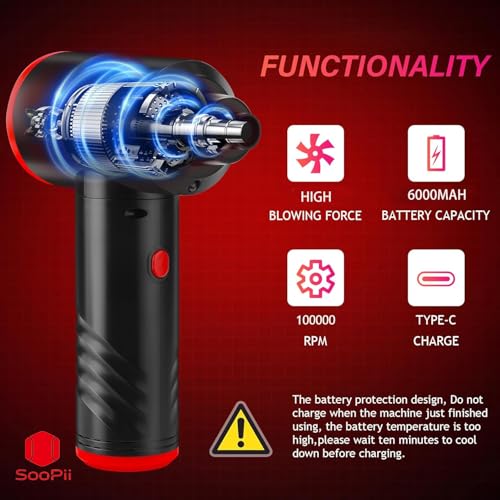 SooPii Electric Cordless air Duster, 6000mAh Rechargeable Air Blower with 51,000 RPM 3 Speed Modes & Multiple Nozzles, LED Light, Portable Dust Cleaner for Keyboard, Laptop, Car Interior & Home Use - Image 4