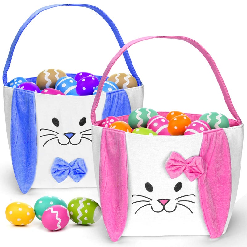 Atonofun Atonofun 2 Packs Easter Basket Set Easter Bunny Basket Gift Baskets Bags for Kids Canvas Tote Bags Bunny Easter Bucket for Easter Eggs Hunt Kids Easter Party Favor Blue Pink 