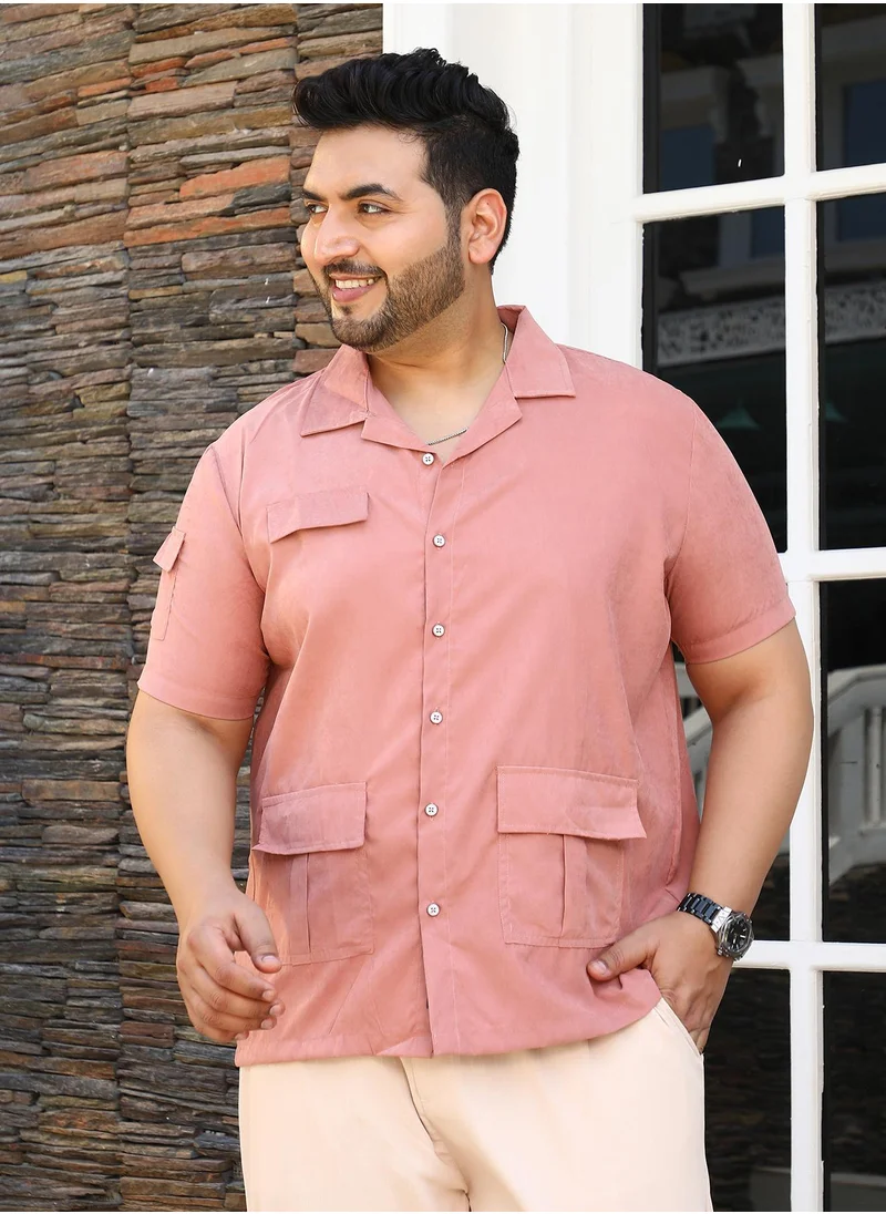 انستافاب بلس Instafab Plus Men's Rouge Pink Utility-Cuban Shirt For Casual Wear | Cuban Collar | Short Regular Sleeves | Button Closure | Plus Size Shirt Crafted With Comfort Fit For Everyday Wear