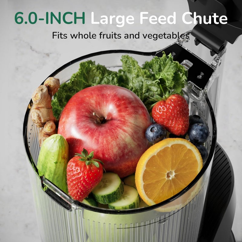 Canoly Cold Press Juicer, 6" Wide Chute with Dual Filters (Juices, Shakes, Nut Milk), Powerful Juicer with Brushless AC Motor, Self Priming System, Space Grey - Image 3