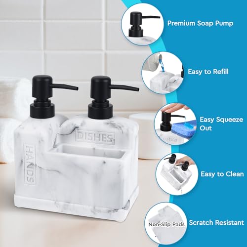 Deobath Kitchen Hand Soap and Dish Soap Dispenser Set,Dual Soap Dispenser with Sponge Holder 3-in-1 Organizer for Kitchen Sink,Bathroom,Useful Kitchen Gadgets - White Marble Look - Image 4