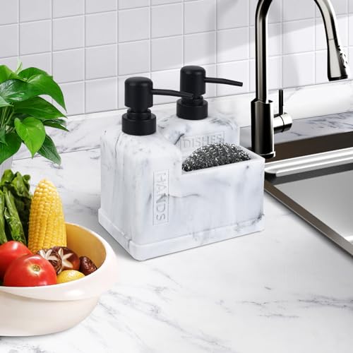 Deobath Kitchen Hand Soap and Dish Soap Dispenser Set,Dual Soap Dispenser with Sponge Holder 3-in-1 Organizer for Kitchen Sink,Bathroom,Useful Kitchen Gadgets - White Marble Look - Image 5