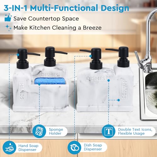 Deobath Kitchen Hand Soap and Dish Soap Dispenser Set,Dual Soap Dispenser with Sponge Holder 3-in-1 Organizer for Kitchen Sink,Bathroom,Useful Kitchen Gadgets - White Marble Look - Image 2