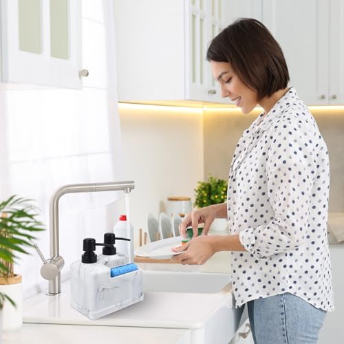 Deobath Kitchen Hand Soap and Dish Soap Dispenser Set,Dual Soap Dispenser with Sponge Holder 3-in-1 Organizer for Kitchen Sink,Bathroom,Useful Kitchen Gadgets - White Marble Look - Image 3