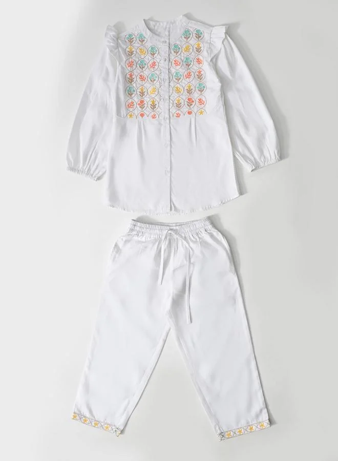 بيلا مودا Cotton Full Sleeves Floral Embroidered Shirt Style Top and Pant Set