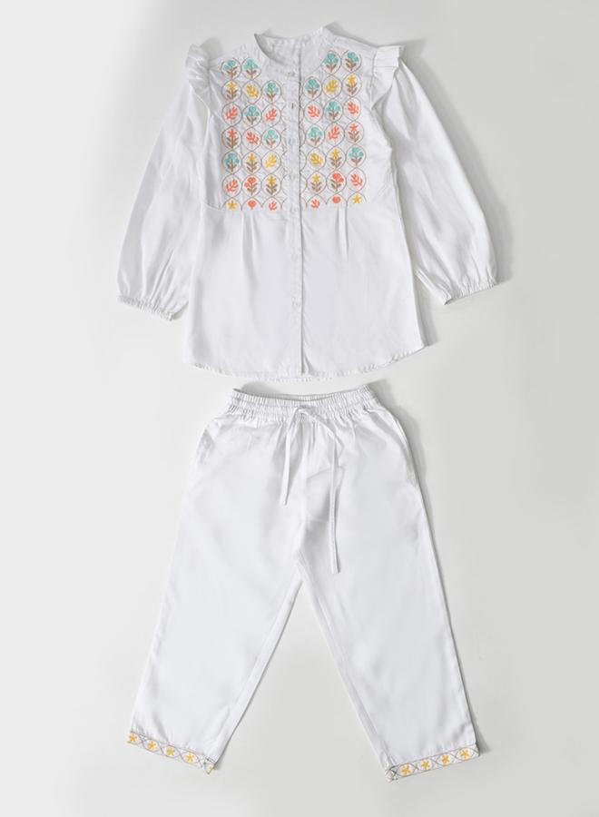 BELLA MODA Cotton Full Sleeves Floral Embroidered Shirt Style Top and Pant Set - Image 2