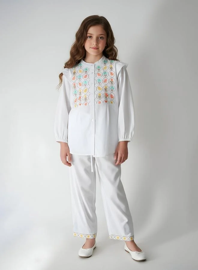 بيلا مودا Cotton Full Sleeves Floral Embroidered Shirt Style Top and Pant Set