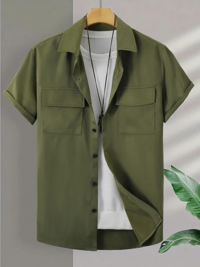 Take Two Men Khaki Short Sleeve Shirt with Pockets
