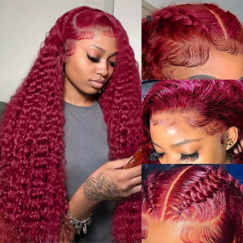 Bworto 30 Inch Burgundy Wig Human Hair 99j Burgundy 13x6 Deep Wave Lace Front Wigs Human Hair Pre Plucked HD Transparent Lace Frontal Wigs for Black Women Red Colored Wig - Image 2