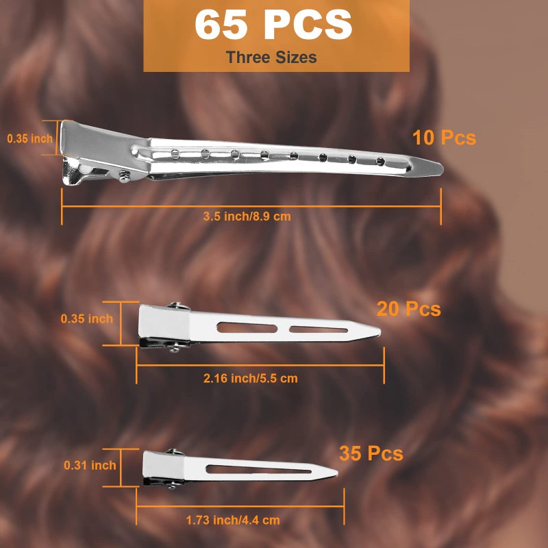 PHSZZ 65Pcs Duck Billed Hair Clips for Styling Sectioning, Metal Silver Alligator Hair Clips for Women, 3 Sizes Long Hair Clip for Roller, Pin Curl Loc Clips for Retwist, Salon, Barber, Bows DIY - Image 2
