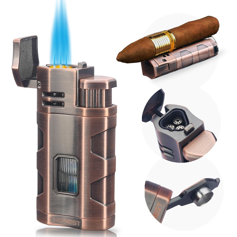 PROMISE Torch Lighter Triple Jet Flame Refillable Butane Cigar Lighter Windproof Lighter with Cigar Punch Rest Holder - Butane Not Included (Red Copper) - Image 1