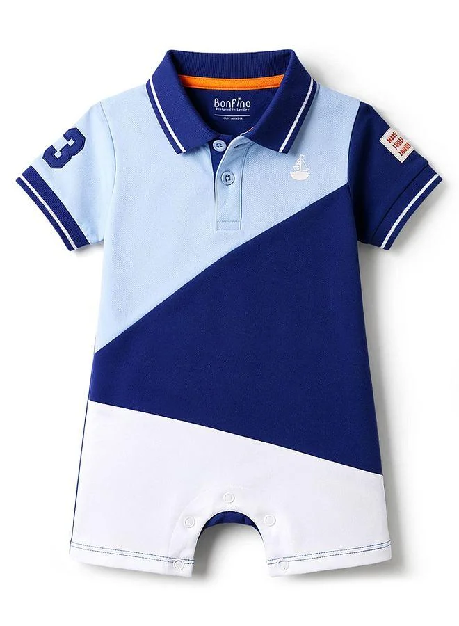 Bonfino Bonfino 100% Cotton Pique Color Block Half Sleeves Polo Romper With Print on Sleeve - Multicolor