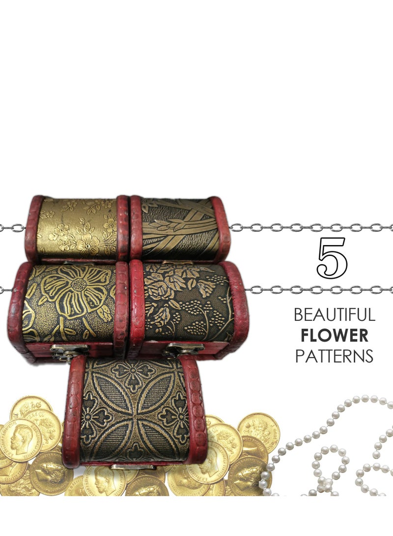 KASTWAVE Vintage Small Jewelry Boxes, 5 Piece Set of Small Treasure Boxes Antique Design Wooden Storage Boxes with Metal Locks Treasure Organizer Gift Box Hinges and Latches for Crafts(Different Patterns) - Image 5