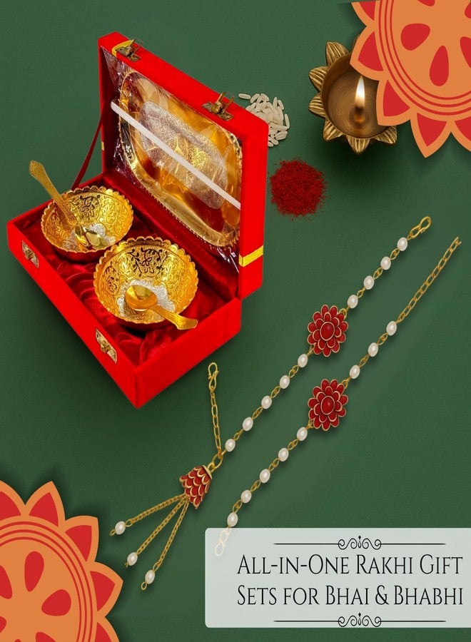 Piepot Rakhi Set for Brother | Rakhi with Gift German Silver Bowl Set, Roli Chawal & Best Wishes Card | Rakhshabandhan (Red Gold Lumba & Silver Bowl Set - 3) - Image 3