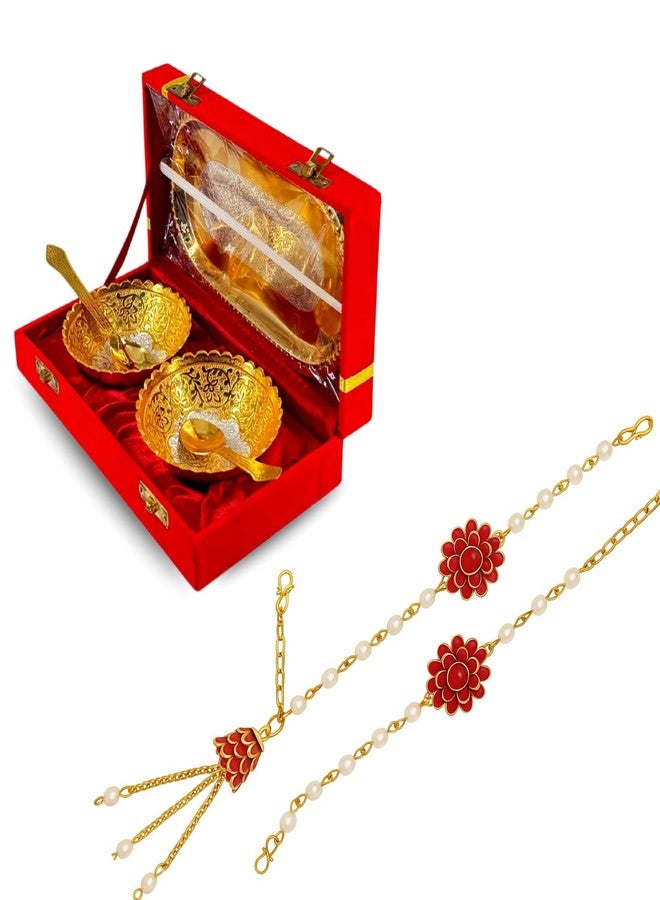 Piepot Rakhi Set for Brother | Rakhi with Gift German Silver Bowl Set, Roli Chawal & Best Wishes Card | Rakhshabandhan (Red Gold Lumba & Silver Bowl Set - 3) - Image 1