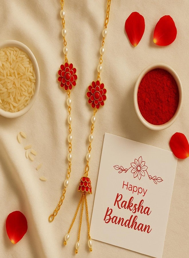 Piepot Rakhi Set for Brother | Rakhi with Gift German Silver Bowl Set, Roli Chawal & Best Wishes Card | Rakhshabandhan (Red Gold Lumba & Silver Bowl Set - 3) - Image 5