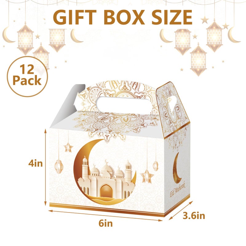 WEEPA 12 Pcs Ramadhan Eid Treat Box Eid Mubarak Gift Boxes Golden Moon Paper Box with Handle for Eid Party Decoration - Image 3