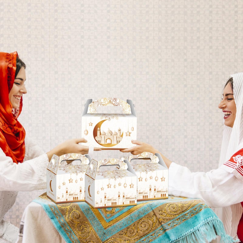 WEEPA 12 Pcs Ramadhan Eid Treat Box Eid Mubarak Gift Boxes Golden Moon Paper Box with Handle for Eid Party Decoration - Image 5