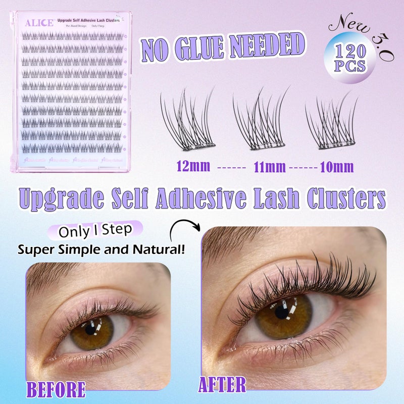 ALICE Self Adhesive Eyelashes Natural Self Adhesive Lash Clusters No Glue Needed Wispy Reusable Press on Lashes Pre-Glue 10-12mm 120pcs DIY Eyelash Extensions - Image 2
