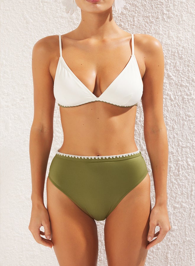 trendyol Khaki-Ecru Triangle Embroidered High Waist Regular Bikini Set  - Image 3
