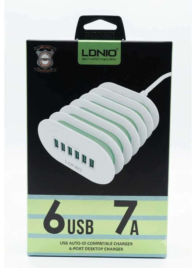 LDNIO 6-Port USB Desktop Charger, 7A Fast Charging Station with Auto-ID Technology, UK Plug, 1.5m Cable - Image 1