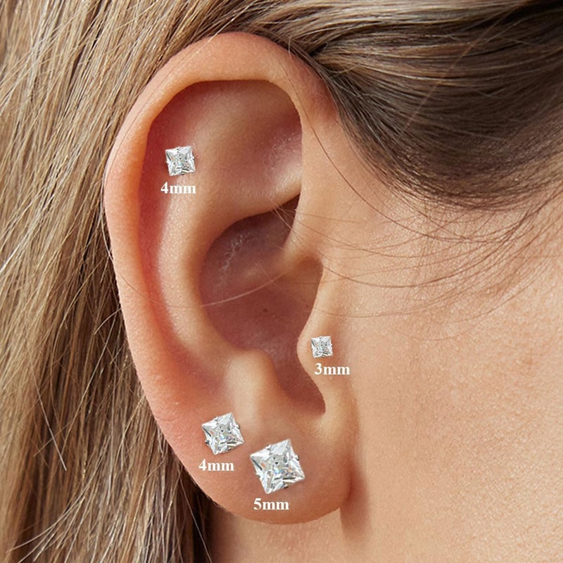 Purbeaut Princess Cut Square CZ Stud Earrings Flat Back, Screw Back Small Gold Clear Cubic Zirconia Studs Earrings Set for Women Men, Pack of 3 Pairs (3mm 4mm 5mm) - Image 3